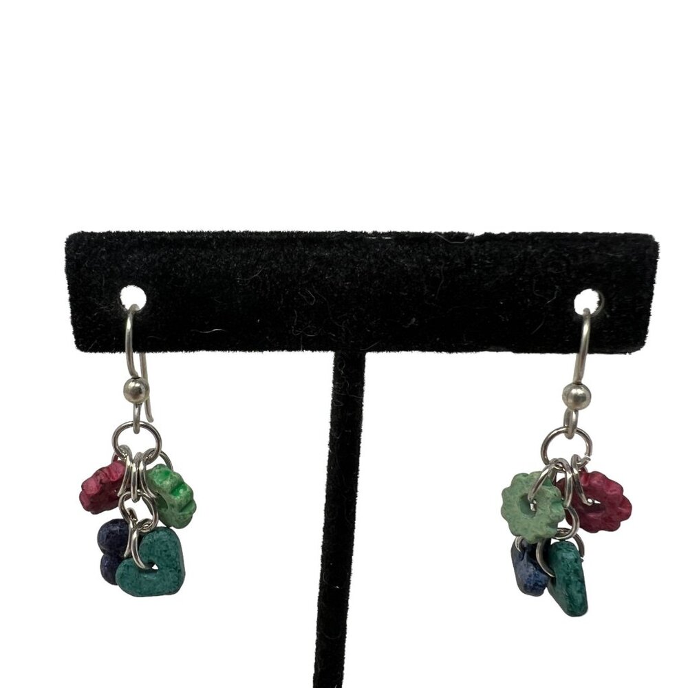 Handcrafted‎ Earrings Silver Tone Dangle Wire Ceramic Beads Hearts Cogs